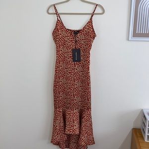 Red and beige leopard print high low dress